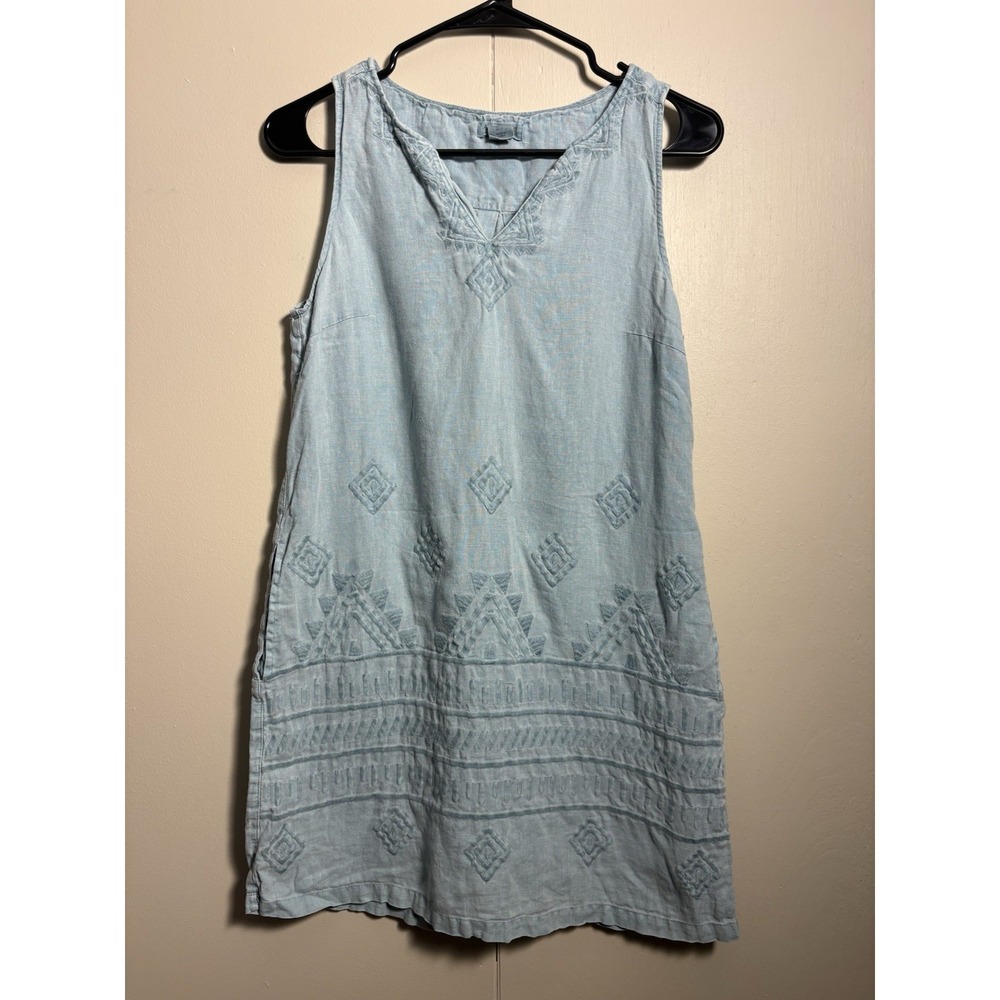 Coastal Linen Midi Dress Sleeveless Embroidered Artisan NY S Beachy Resort Boho